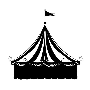 recommend clip art: Black and white silhouette of a circus tent with a flag.