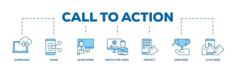 Call to action icon infographic illustration concept with icon of  click here, watch our video, subscribe, contact, learn more, share, download icon png and easy to edit 