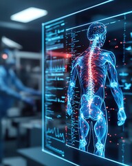 Futuristic medical display showcasing human anatomy with highlighted spine, useful for education and healthcare s.