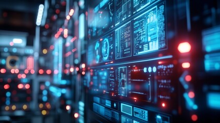 Close-up of futuristic server room with advanced technology screens and fiber optics, emphasizing cybersecurity and data management.