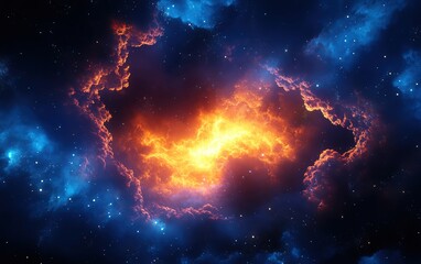 A stunning cosmic cloud illuminated with fiery orange hues against a backdrop of deep blue space, showcasing the beauty of the universe.