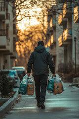 A delivery service employee carries bags of food to a delivery address.