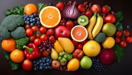 Colorful Arrangement of Fresh Fruits and Vegetables in Abstract Pattern