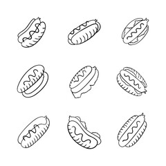 Hotdog food doodle line icon. Hand drawn outline. Concept isolated illustration