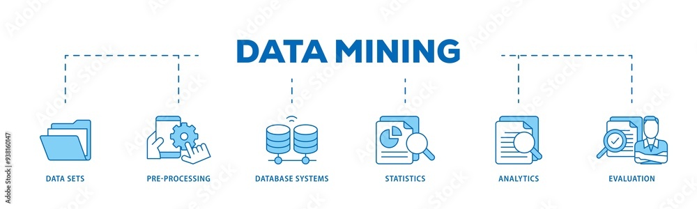Fototapete Data mining icon infographic illustration concept with icon of data sets, pre processing, database systems, statistics, analytics and evaluation icon png and easy to edit 