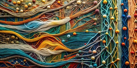 Woven Connections: A tapestry of vibrant threads and colorful beads, symbolizing the intricate network of life and relationships. 