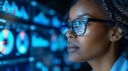 Businesswoman Focused on Blue Screen Data Analysis