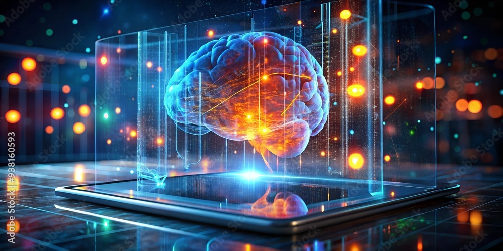 Poster digital brain: a futuristic concept of a digital brain, floating above a tablet, with glowing circui
