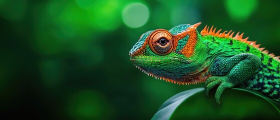 Obraz premium A vibrant chameleon perched on a leaf, showcasing its stunning colors against a lush green background.