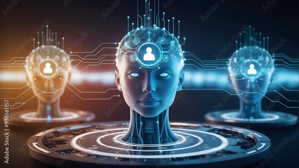 Poster the rise of ai: futuristic androids with glowing circuitry, symbolizing the power and potential of a