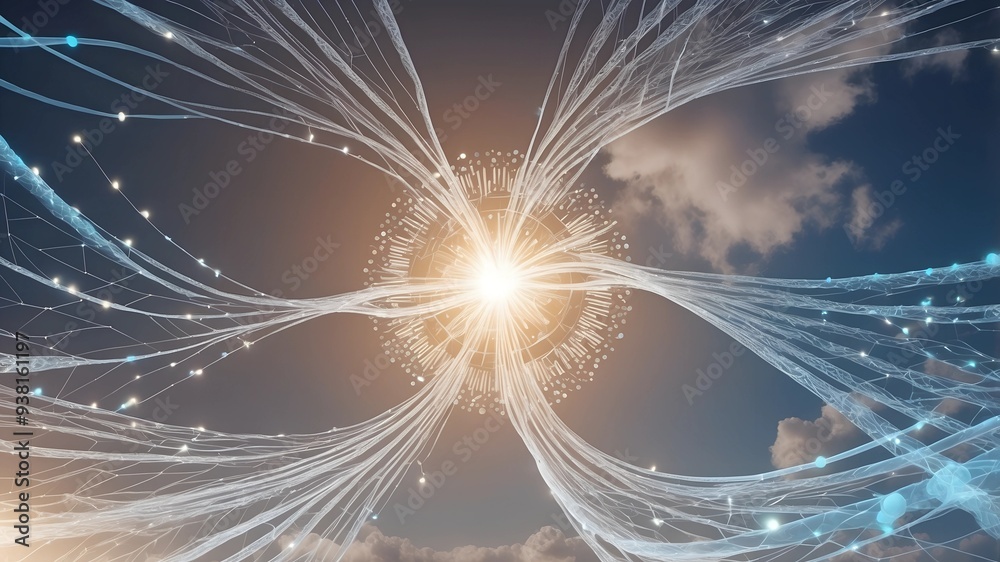 Poster cosmic data stream: a radiant nexus of data visualized as ethereal streams against a celestial backd