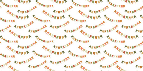 Colorful flag garland Isolated on White background, seamless carnival pattern. Vector illustration. Carnaval print ornament, streamers and hanging garland for Decoration, Wrapping Paper, Textile