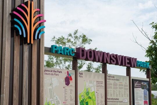 sign and exhibit panels at Downsview Park, a national urban park at a former military base, principal address at 70 Canuck Avenue in North York (Toronto), Canada