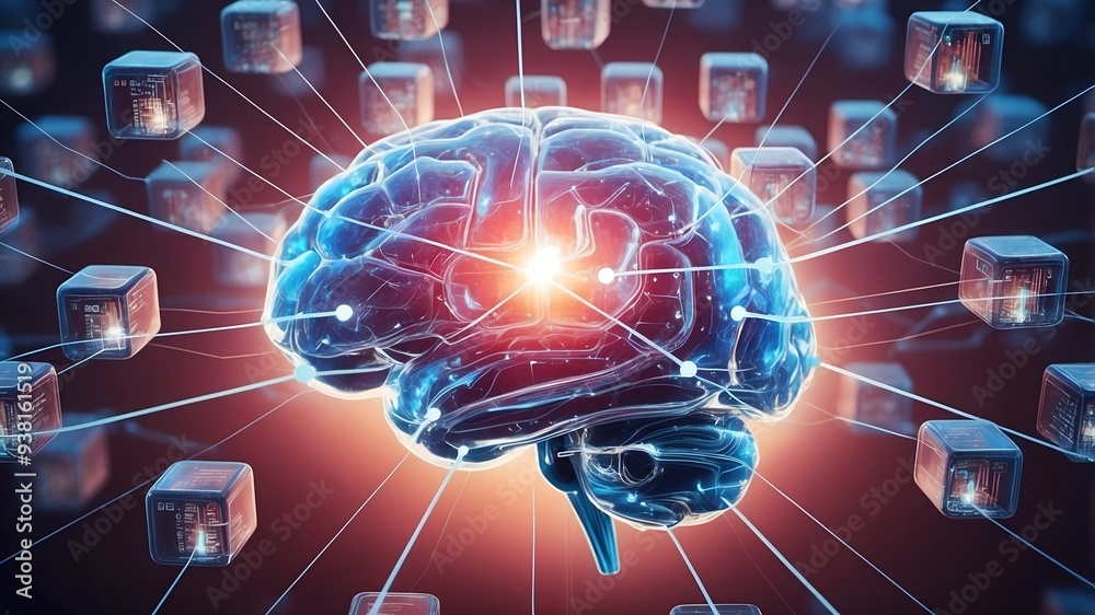 Poster the awakened mind: data streams through a futuristic brain, igniting thought in an abstract visualiz