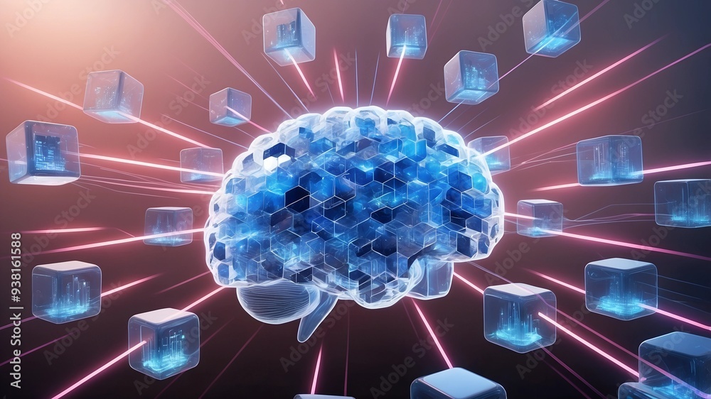 Poster the awakened mind: data streams through a futuristic brain, igniting thought in an abstract visualiz