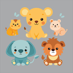 Playful Baby Animals - Cute Cartoon Icons of Baby Elephants, Lion Cubs, Puppies, and Koalas
