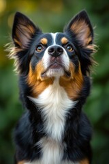 Corgi with a focused gaze in a lush green outdoor setting at sunset