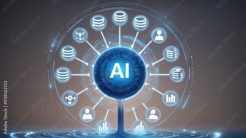 Poster ai ecosystem: a futuristic visualization of interconnected data points forming a radiant ai network,