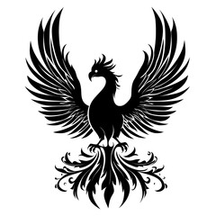 Black and white silhouette of a phoenix with outstretched wings.
