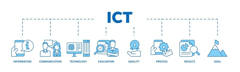 Fototapeta premium ICT icon infographic illustration concept with icon of antenna, radio, network, website, database, cloud, server, data, electronic, and processor icon png and easy to edit 
