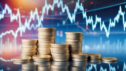 Golden Stacks of Success: Coin stacks rise against a backdrop of vibrant financial charts, symbolizing growth and prosperity in the financial market. 