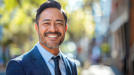 A man in a blue suit and tie is smiling and posing for a picture