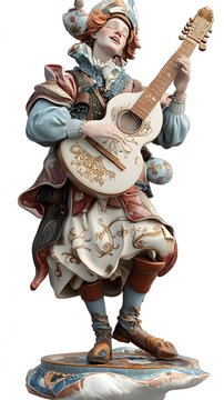 40. **A detailed 3D render of a ceramic art portrait featuring a charming bard with elaborate tilework, isolated on a white background