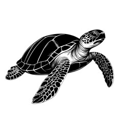 Obraz premium Black and white illustration of a sea turtle swimming.