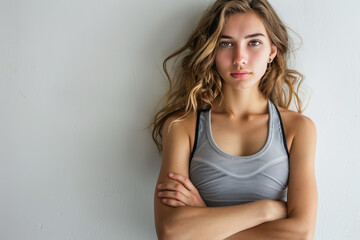 Naklejka premium Athletic woman in fitness attire stands against a white background, showcasing her toned body, with plenty of free space for text or design.