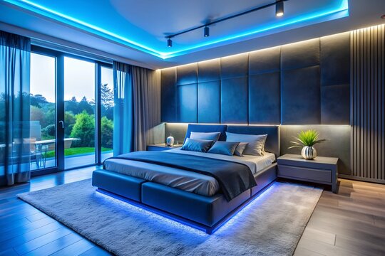 sleek and sophisticated bedroom with a king-size bed, blue LED lighting, and a stunning view. The room features a built-in headboard with a geometric pattern, 