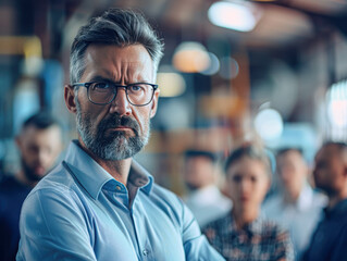 Obraz premium A man with glasses and a beard is standing in front of a group of people