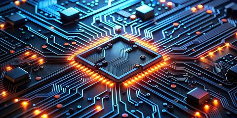 Obraz premium The Heart of Innovation: A close-up of a glowing CPU chip, nestled amidst intricate circuitry, sparks a sense of wonder and technological advancement. Its warm light symbolizes the power and potential