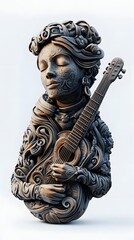 42. **A realistic 3D render of a ceramic art portrait featuring a charismatic musician with intricate designs, isolated on a white background