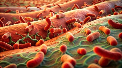 Obraz premium Microscopic World: A close-up, 3D rendering of bacteria thriving in a vibrant, microscopic world. The image showcases the intricate details of these tiny organisms, 