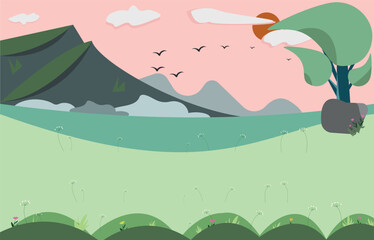 Serene Meadow Landscape with Birds and Mountains, Sunny Meadow with Tree and Flying Birds