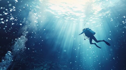 Diver Ascending into Sunlit Ocean Depths