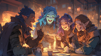 joyous gathering of adventurers in a lively tavern, sharing tales and laughter around a candlelit table, creating an atmosphere of warmth and friendship