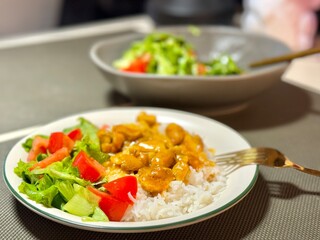 Curry chicken, rice, vegetable salad, Indian food