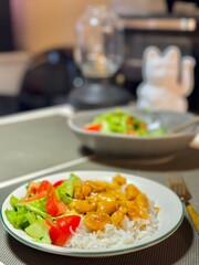 Curry chicken, rice, vegetable salad, Indian food