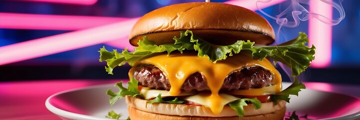 burger with glowing light background.  food business flyer, banner or template