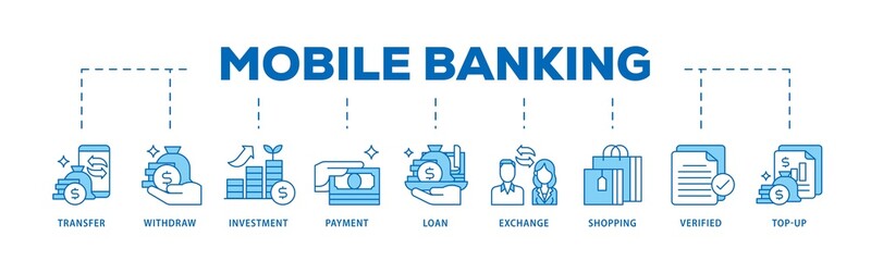 Mobile banking icon infographic illustration concept with icon of transfer, withdraw, investment, payment, loan, exchange, shopping, verified and top up icon png and easy to edit 