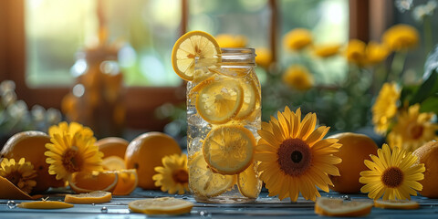 Mason jar filled with refreshing lemonade and lemon slices surrounded by sunflowers and lemons. Concept of summer refreshment, natural drinks, and citrus flavors.