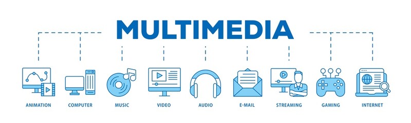 Multimedia icon infographic illustration concept with icon of e mail, video, audio, internet, streaming, gaming, music, computer, animation icon png and easy to edit 
