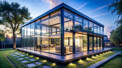 Fototapeta premium Modern Glass House Serenity: A stunning contemporary home with floor-to-ceiling windows, seamlessly blending indoor and outdoor living under a twilight sky. 