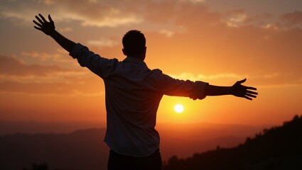 Fototapeta premium Man Silhouette Embracing Sunset. Golden hour.