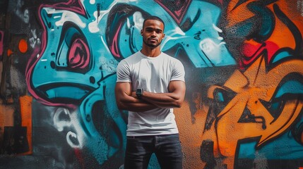 Fototapeta premium Young african american man standing with confident expression against graffiti wall. Urban style photo.