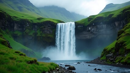 Majestic Waterfall Cascading Down Green Hills in Iceland