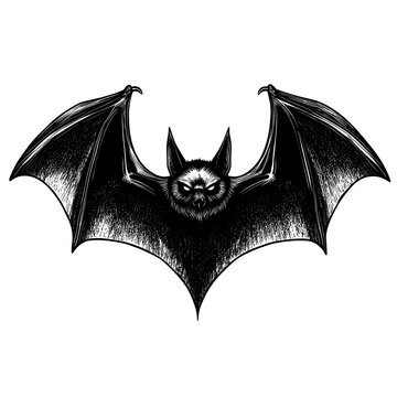 Black and white illustration of a bat with spread wings.