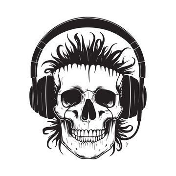 skull wearing headphones black and white clip art preview