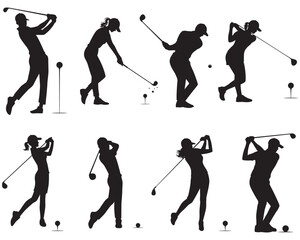 Naklejka premium Collection of vector illustrations of professional male and women golfer silhouettes in golf ball hitting style eps 10